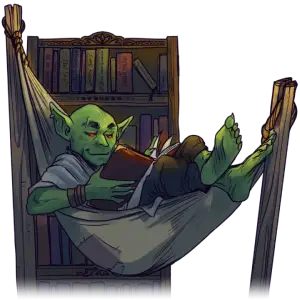Goblin chillin in a hammock reading a book
